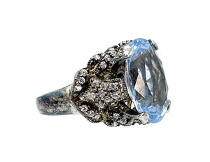 925 Sterling Silver Aquamarine & Pave Diamond Ring  - Sz. 6.75