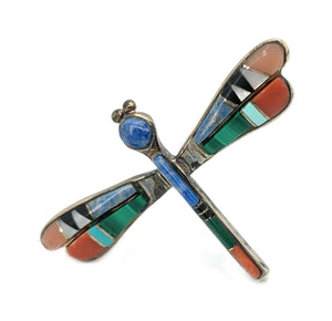 Old Pawn Sterling Silver & Channel Set Inlay Multi Stone Dragonfly Brooch