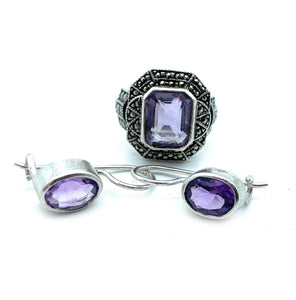 Vintage Sterling Silver, Amethyst, & Marcasite 3-piece Jewelry Set