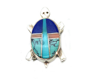 Old Pawn Sterling Silver & Channel Set Inlay Multi Stone Turtle Brooch Pendant