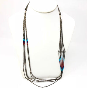 Native American 925 Sterling Silver Turquoise / Coral Bead Necklace
