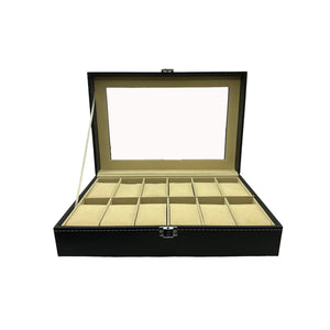 12-Slot Black Synthetic Leather Watch Display Case