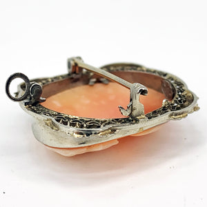 ANTIQUE! Sterling Silver Italian Oval Shell Cameo Brooch / Pendant