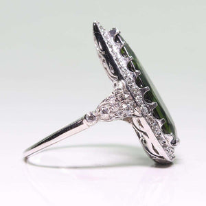 Platinum Victorian Antique Green Tourmaline and Diamond Halo Ring - Sz. 7