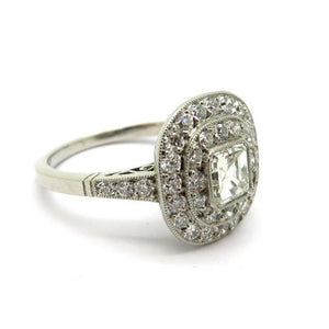 Platinum Art Deco Style Asscher and Old European Cut Diamond Engagement Ring, Size 7