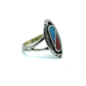 Vintage Navajo Split Shank Sterling Silver Turquoise & Coral Inlay Ring - Sz. 5