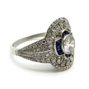 Platinum Art Deco Style Sapphire and Old European Cut Diamond Engagement Ring