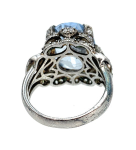 925 Sterling Silver Aquamarine & Pave Diamond Ring  - Sz. 6.75