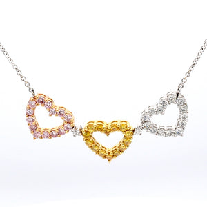 18K 3-Tone Gold Mixed 1.41ctw Diamond Tri-Heart Pendant Necklace