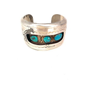 Native American Vintage Sterling Silver 3 Stone Turquoise Cuff Bracelet