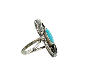 Vintage Old Pawn Navajo Sterling Silver & Turquoise Split Shank Ring - Sz. 4.5