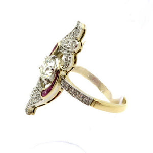 18 K Yellow Gold & Platinum Art Deco Style Ruby and Old European Cut Ring, Size 6.5