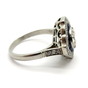 Platinum Art Deco Style Old European Cut Sapphire and Diamond Engagement Ring
