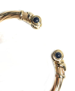 14K Two-Tone Gold & Blue Sapphire Hinged Corrugated Cuff Bracelet