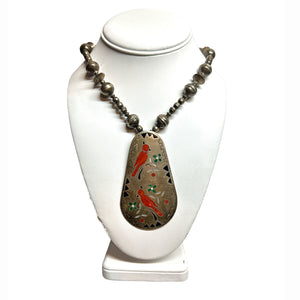 Old Pawn Sterling Silver Bead Necklace & Multi-Stone Inlay Pendant Necklace