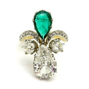 Estate 18 Karat and Platinum Pear Shaped GIA Certified Diamond and Emerald Ring