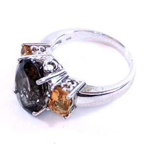 Samuel Aaron Sterling Silver and Smokey Quartz and Amber Ring