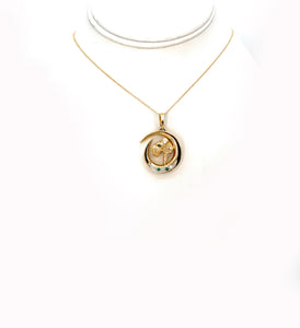 14K Yellow Gold, Diamond, & Emerald Schnauzer Pendant Necklace