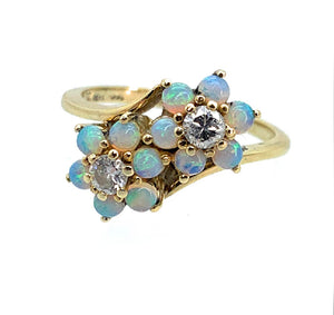 14K Yellow Gold Diamond & Opal Floral Ring - Sz. 6.5