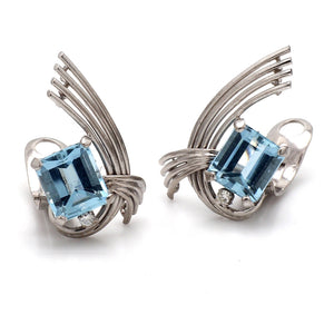 Art Deco 14K White Gold, Aquamarine, Diamond Ring and Earring Jewelry Set