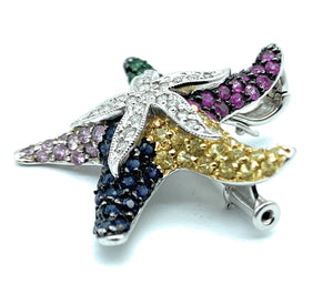 14K White Gold Diamond & Multi Color Sapphire Starfish Brooch Pendant