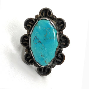 Vintage Navajo Split Shank Sterling Silver & Carico lake Turquoise Ring - Sz. 6.25