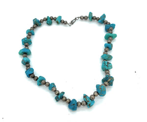 Old Pawn Navajo Sterling Silver, Beads & Turquoise Nugget Necklace