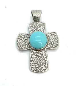 Sterling Silver & Turquoise Colored Blue Stone Crucifix Pendant & Earrings Set
