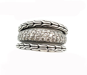 John Hardy Sterling Silver Classic Chain Ring with Diamonds - Sz. 6.75