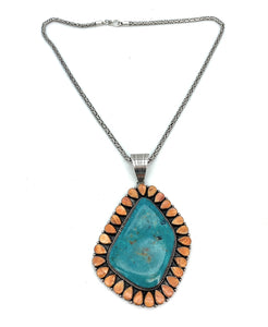 Mark Yazzie HUGE Sterling Silver Turquoise and Orange Spiny Oyster Pendant Necklace