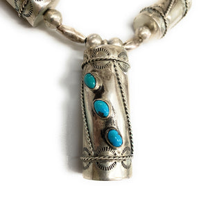 Vintage Navajo Stamped Drum Barrel Sterling Silver & Turquoise Necklace - RARE!