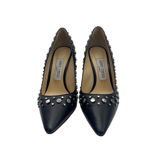 JIMMY CHOO Black Nappa Pointy Toe Pumps with Anthracite Studs Romy 100 Heels