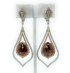 18K Two-Tone Gold Brown, Pink, & White Diamond Teardrop Dangle Earrings