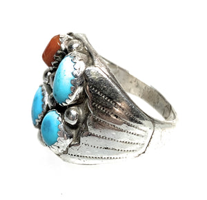 Old Pawn Navajo Sterling Silver, Turquoise, & Coral Ring - Sz. 9.25