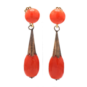 Vintage 18K Yellow Gold Faceted Coral Drop Dangle Earrings - Screw Post