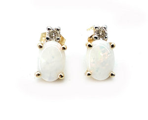 14K Yellow Gold Oval Opal & Diamond Post Earrings