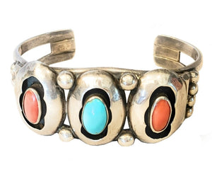 Old Pawn Navajo Sterling Silver, Coral, & Turquoise Shadow Box Cuff Bracelet