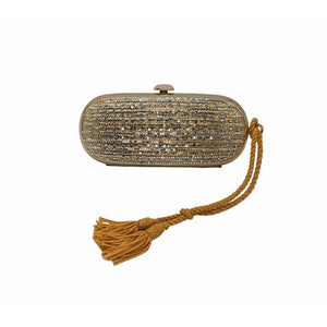 Judith Leiber Vintage Silver Crystal Minaudiere Gold Evening Tassel Clutch  - TheRelux.com