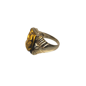 10K Yellow Gold, Diamond, & Tiger Eye Cameo Ring - Sz. 11.5
