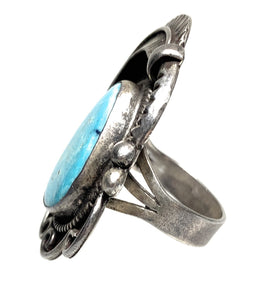 Vintage Old Pawn Navajo Sterling Silver & Turquoise Split Shank Ring - Sz. 6.5