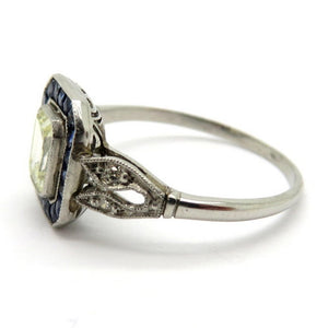 Platinum Art Deco Style Emerald Cut Yellow Diamond and Sapphire Ring