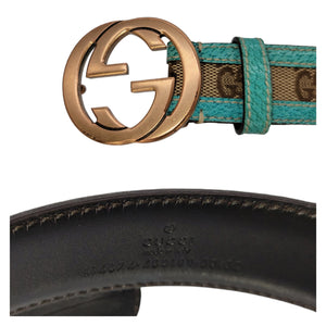 Gucci GG Canvas Interlocking G Teal Blue Leather Belt size 80/32